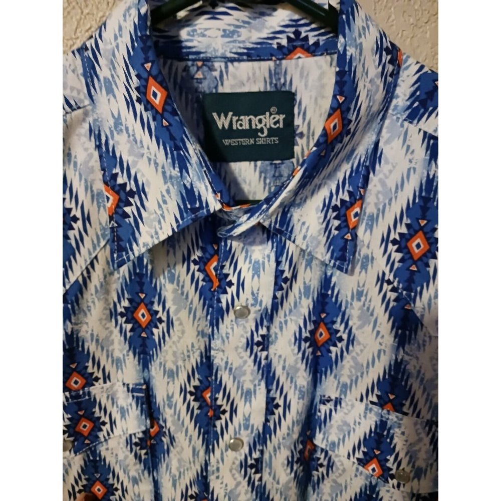 Wrangler Men's Western Pearl Snap Shirt Long Sleeves Blue White Orange Size L